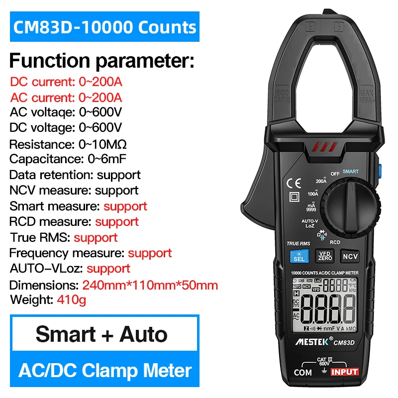 MESTEK CM83D True RMS Digital Clamp Meter AC DC Ampere Current Voltage Clamp Multimeter Ohm