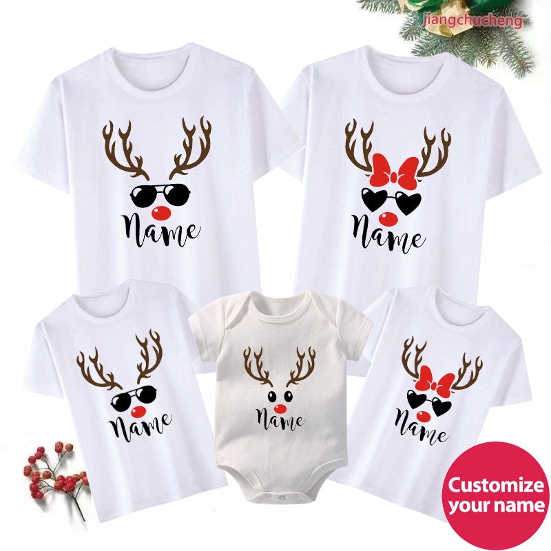 Reindeer Christmas Shirts Custom Name Family Matching Christmas T-Shirt Personalized Holiday Xmas New Year's Family Look Ou
