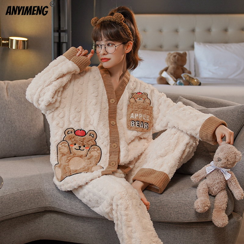 Winter Thick Soft Flannel Pajamas Set for Women Japanese Kimono Style Girls Cardigan Teddy Sleepwear V-neck Thermal Lady Pyjamas