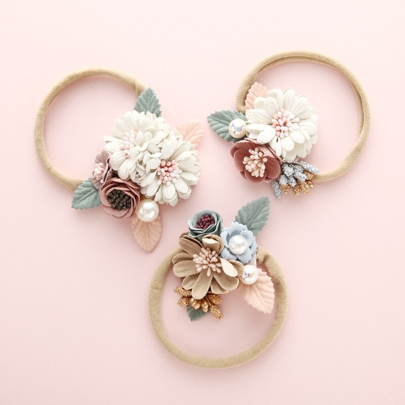 Elegant Hair Band Flowers Girl Cute Pearl Newborn Headwrap Colorful Elastic Headband Nylon Toddler Headwear Hair Accessories