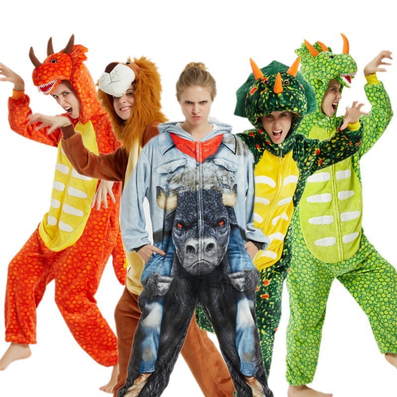 Flannel Animal Aldult Pajamas Set Winter Hooded Anime Unicorn Dinosaur Cartoon Kids Pyjamas for Woman Men Sleepwear Onesies