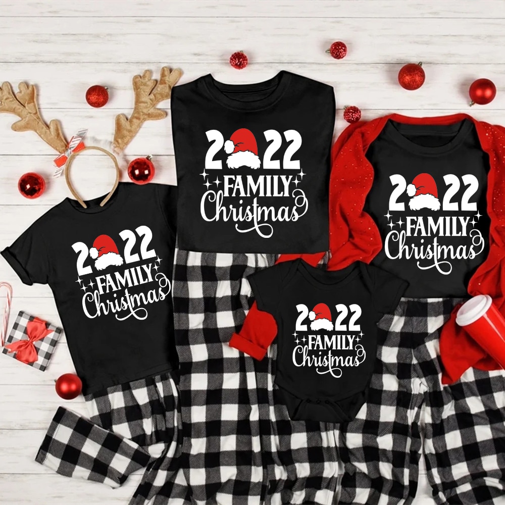 2022 Family Christmas Shirts Cotton Family Matching Outfits Dad Mom Kids Tshirts Baby Rompers Matching Pajamas Xmas Clothes Gift