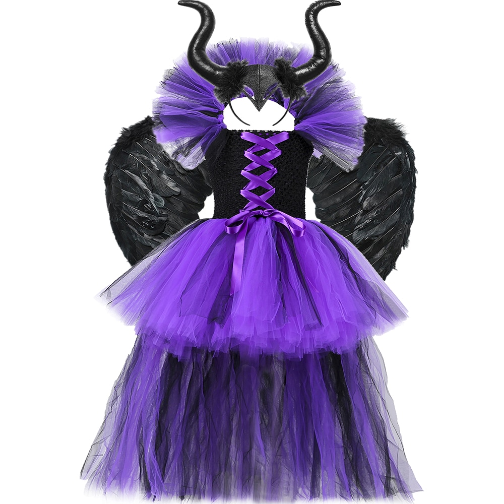 Evil Queen Malefice Tutu Dress with Train Girls Carnival Party Clothes Dark Witch Cosplay Halloween Costume for Kids Vestidos