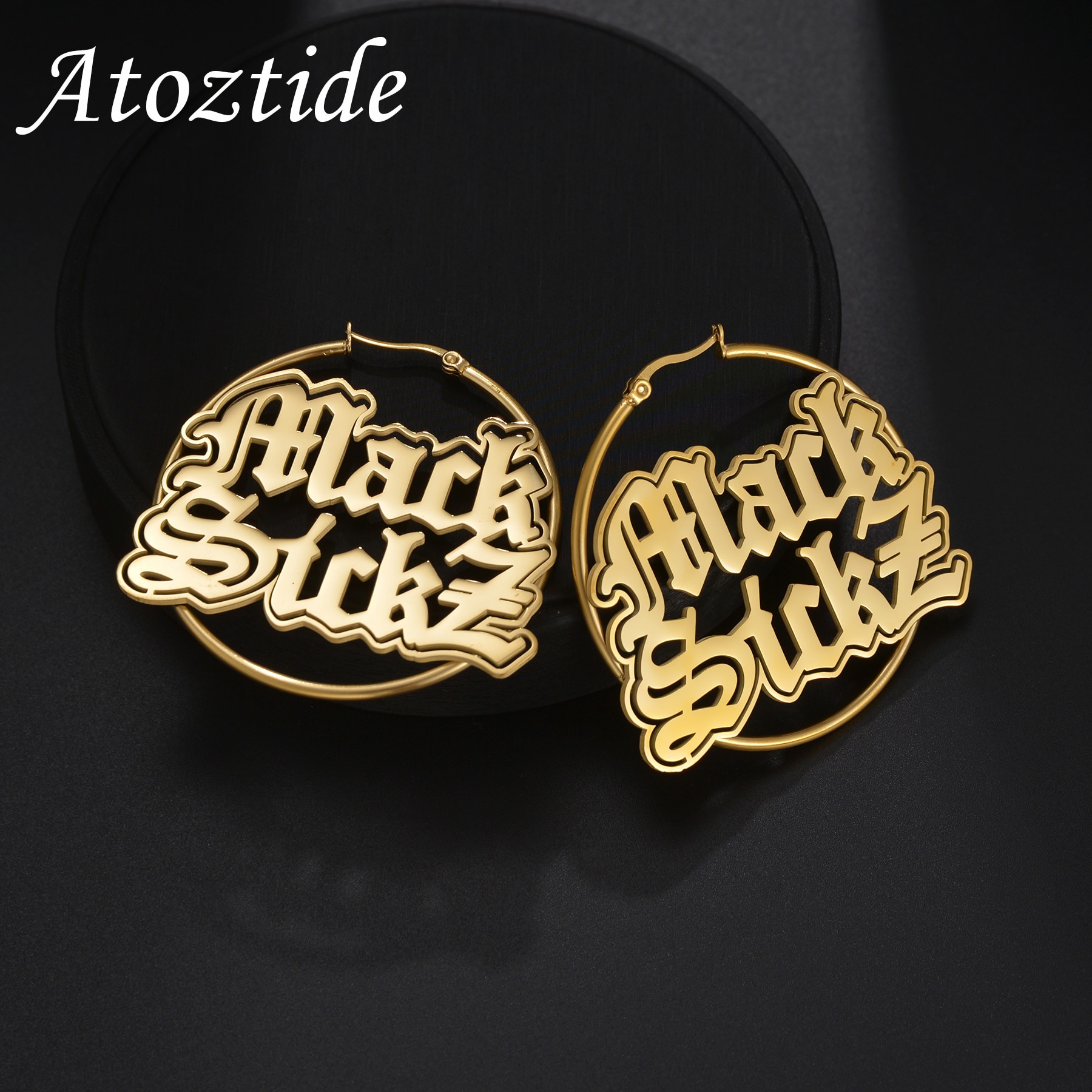 Atoztide Personalized Custom Double Name Hoop Earrings Stainless Steel for Women Letter Nameplate Circle Fashion Jewelry Gift