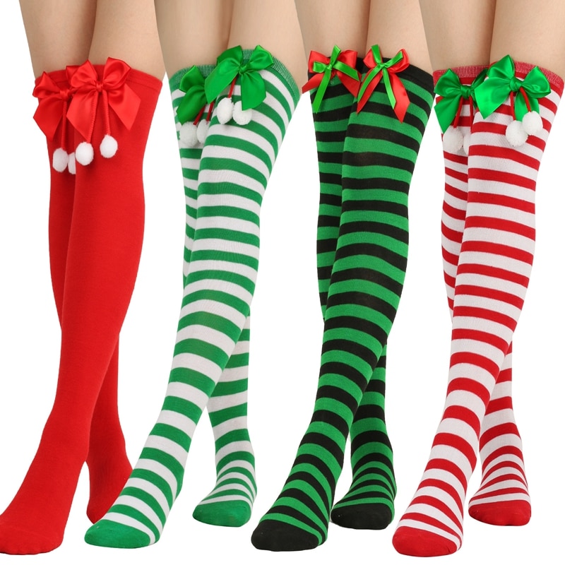Women Bowknot Ball Christmas Socks Over The Knee Striped Socks For Girls Thigh High Socks Long Warm Cotton Stockings