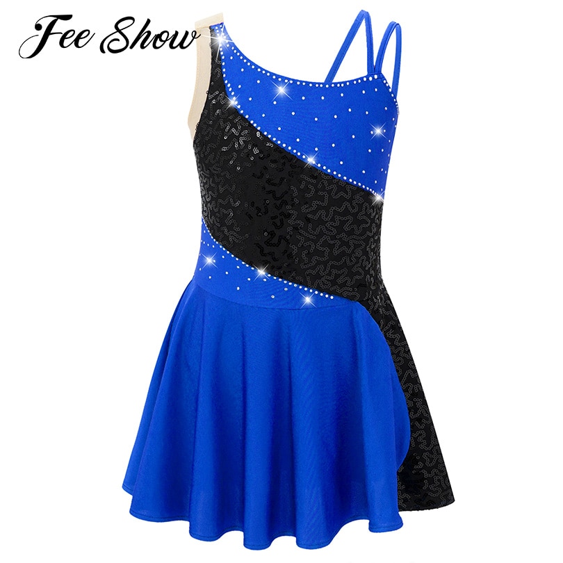 Fashion Sequins Rhinestone Figure Skating Dress Kids Girls Gymnastics Leotard Training Performance Ballroom Ballet Dance Costume