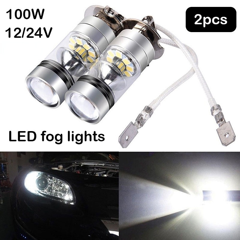 2Pcs 100W H1 H3 LED Fog Light Driving Bulb 12/24V Fog Lamp Headlamp 20SMD 10000LM White 6000K Car Headlight Car Accessories