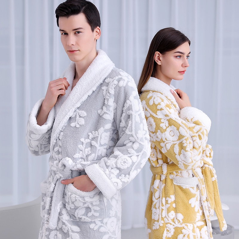 Jacquard Double Layer Thicken Robe Gown Women and Men Sleepwear Winter Warm Nightgown Coral Fleece Lovers' Bathrobes Linger