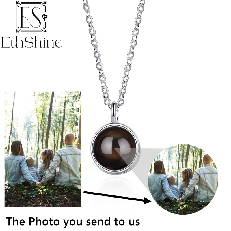 EthShine 925 Silver Personalized Circle Photo Necklace Fine Material No Fading Projection Pendant Anniversary Christmas Day Gift