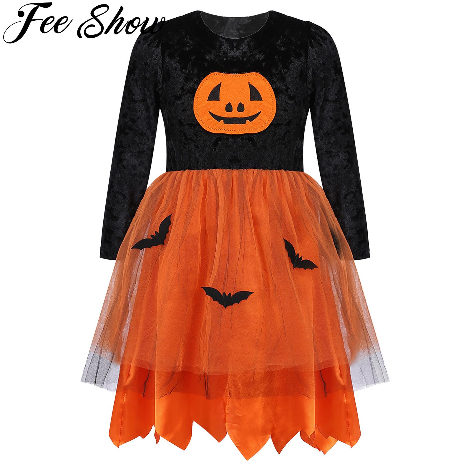 1-6Years Halloween Kid Girl Cosplay Dress Toddler Children Girls Pumpkin Bat Printed Patchwork Long Sleeve Tulle Party Dresses