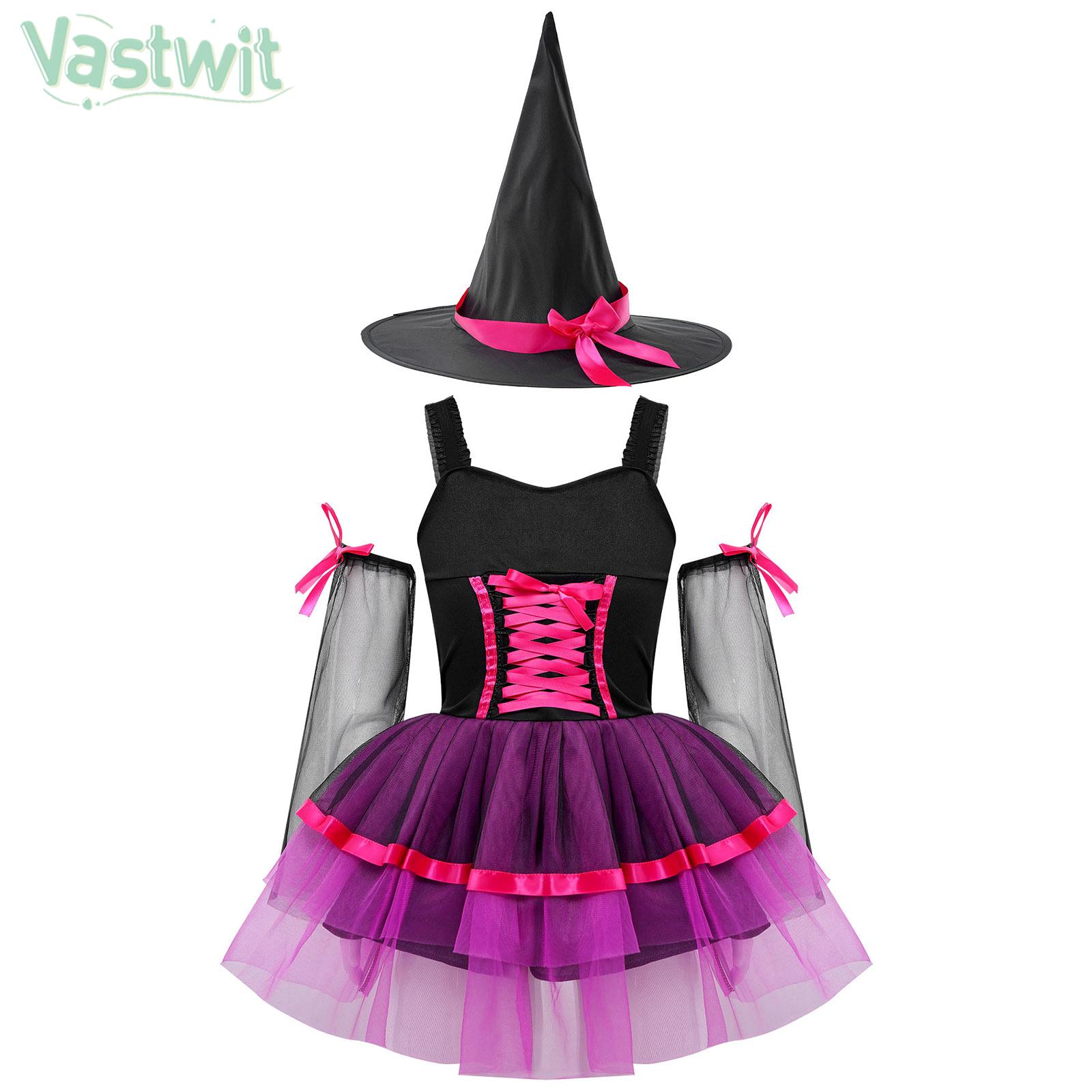 Kids Girls Witch Sorceress Cosplay Dresses with Pointed Hat Gloves Halloween Masquerade Theme Party Carnival Roleplay Clothes