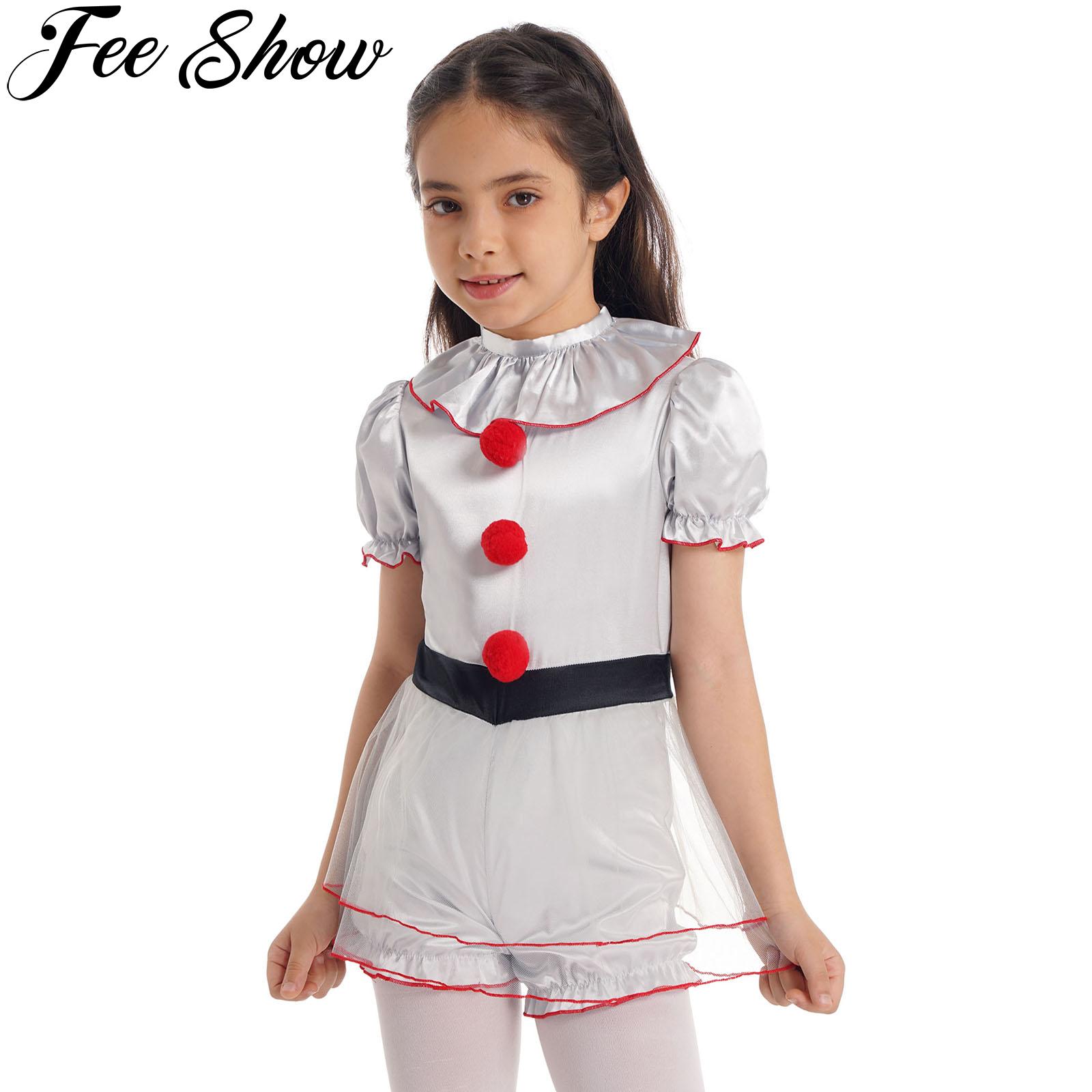 Kids Girls Scary Clown Costume Layered Mesh Dress Halloween Masquerade Party Carnival Easter Jester Cosplay Dress Fancy Dress Up