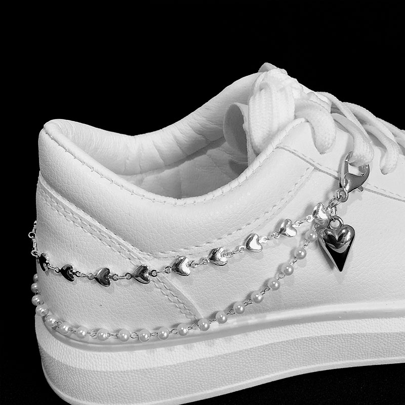 2PCS Double Layer Pearls Heart Tennis Chain Shoe Buckles Decoration Canvas Board Shoes Accessories Creative Shoe Vintage Jewelry