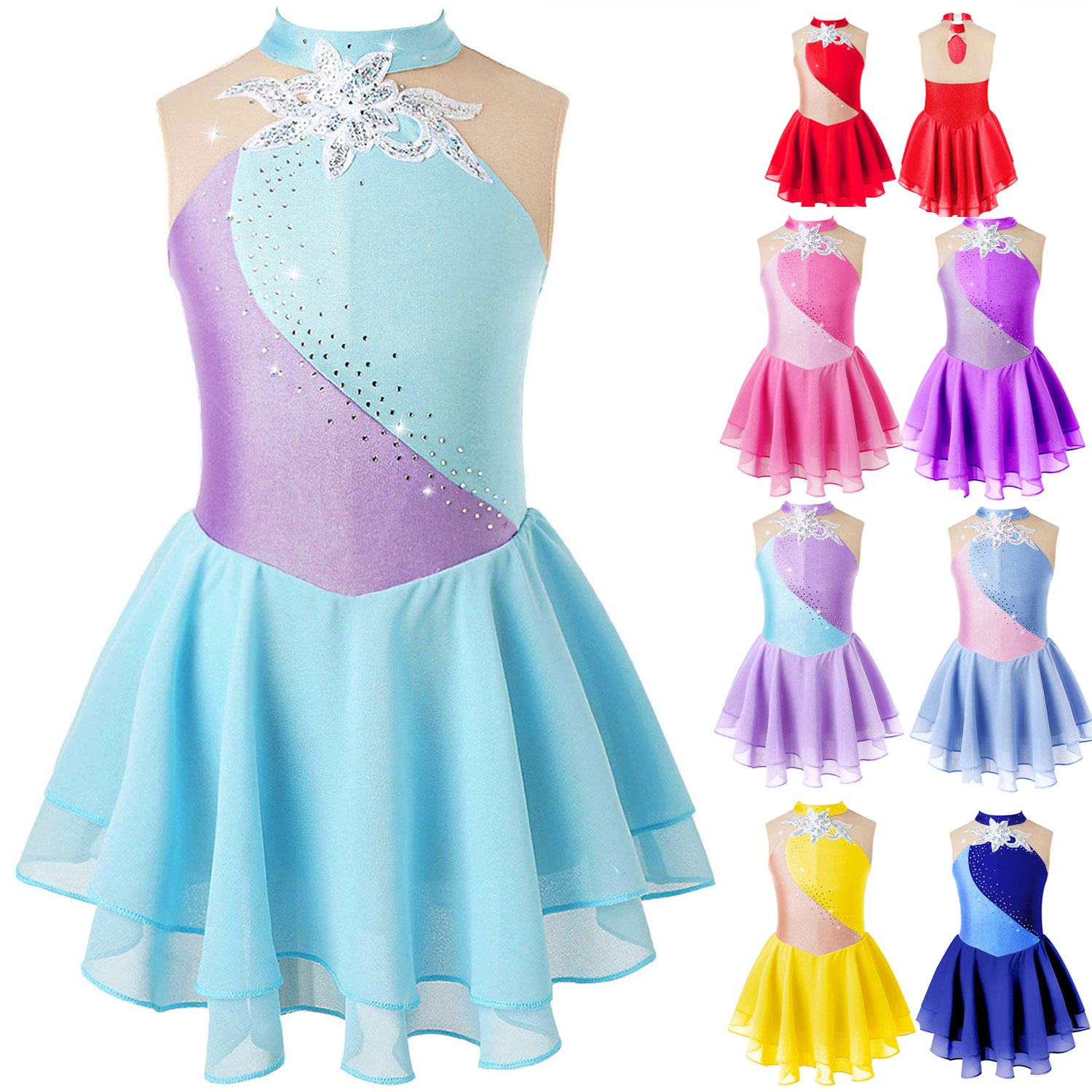 Floral Rhinestone Ballet Gymnastics Leotard Kid Girl Mesh Splice Figure Ice Skating Dress Teens Skater Dance Competition Costume