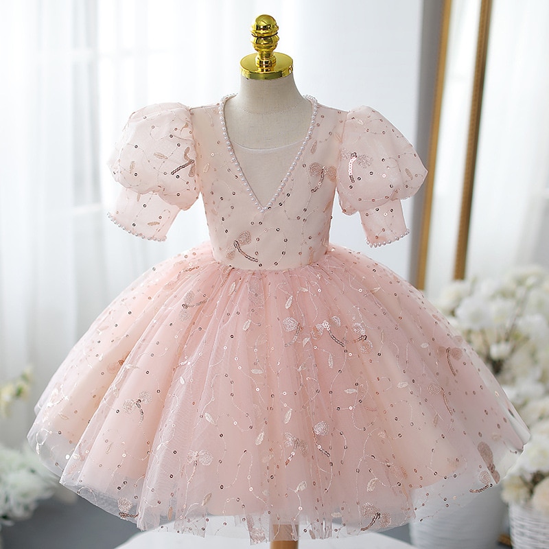 Toddler Girl Pink Party Dress 12 Month Baby Girl First Birthday Princess Tutu Gown Infant Flower Bow New Year Christmas Costume