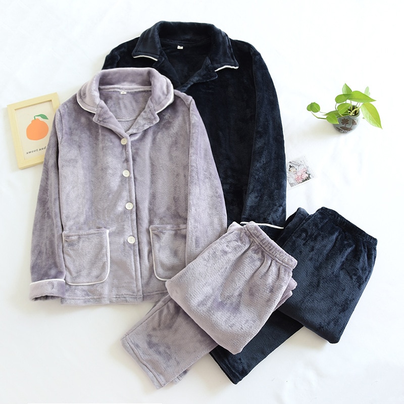 Flannel Couple Pajams Set Autumn Winter Warm Sleepwear Trouser Suits Loose Coral Fleece Elastic Waist Home Clothes Pijamas