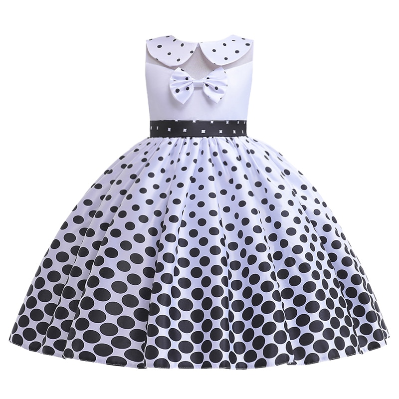 Bow Summer Girls Dress For Kids Wedding Princess Costume Black Polka Dot Printed Girl Birthday Party Dresses Children Clothes