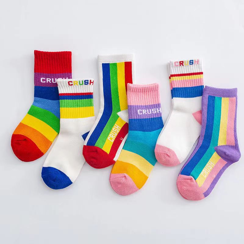 3 Pair/Lot Children Soft Cotton Socks Fashion Korean Rainbow Striped Socks Baby Boy Girl Warm Socks Floor Sock