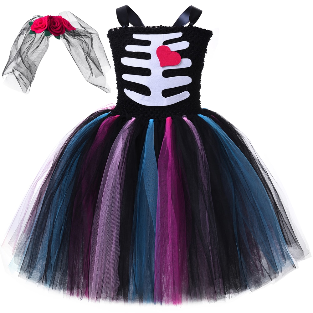 Zombie Bride Tutu Dress for Girls Halloween Scary Ghost Bride Vampire Costume Kids Day of The Dead Carnival Skeleton Dress Up