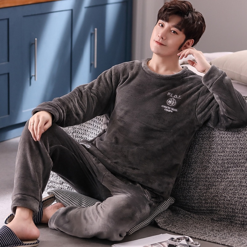 2022 Winter Long Sleeve Thick Warm Flannel Pajama Sets for Men Korean Loose Coral Velvet Sleepwear Suit Pyjamas Homewear Clothes