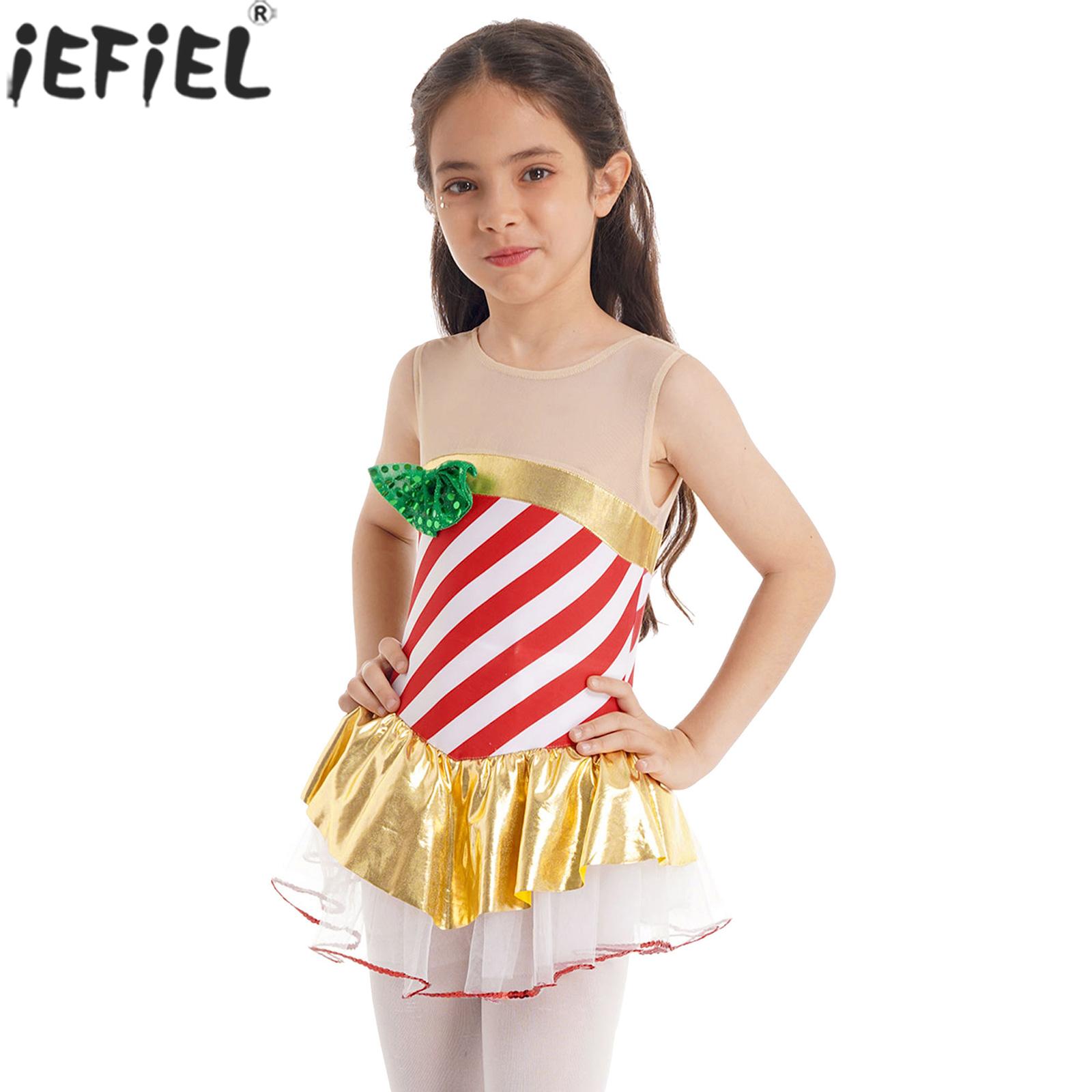Kids Girls Christmas Dance Performance Dress Sleeveless Striped Sequin Mesh Tutu Ballet Gymnastics Skating Leotard Dancewear