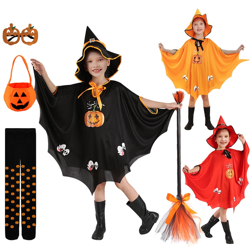 2-10 Years Girl Halloween Cloak Hat Cosplay Costume Witch Pumpkin Print Cape Kids Masquerade Stage Show Performance Clothing Set
