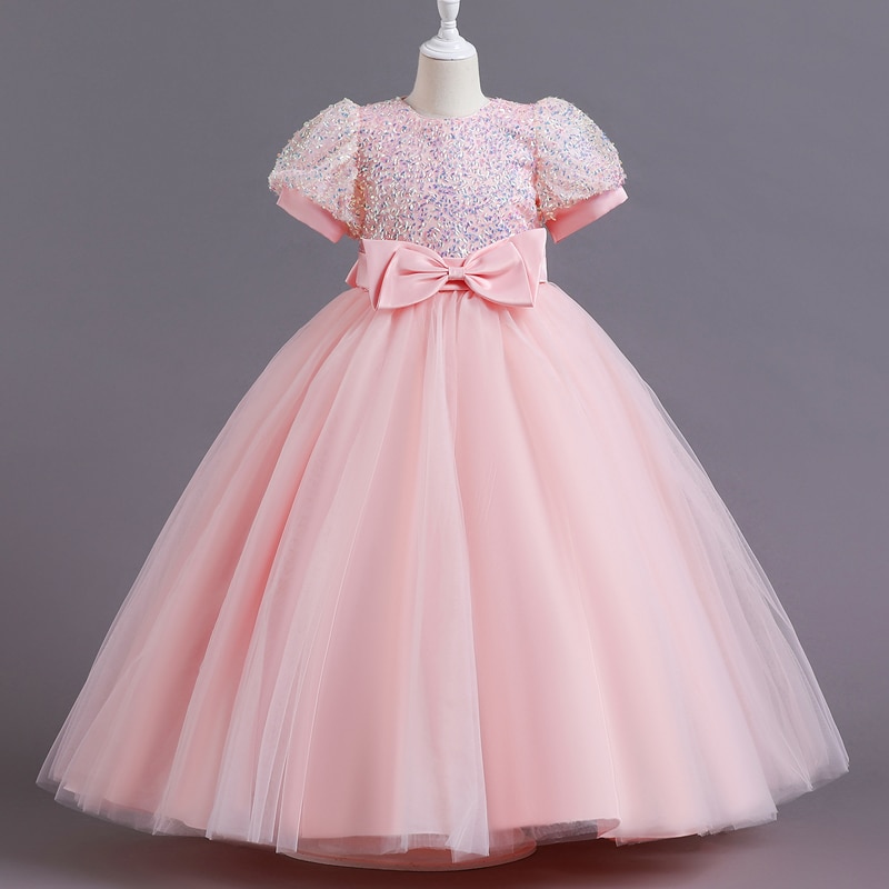 Girls evening dress long bubble sleeve princess dress pink sweet dress dress dinner Halloween stage show dress