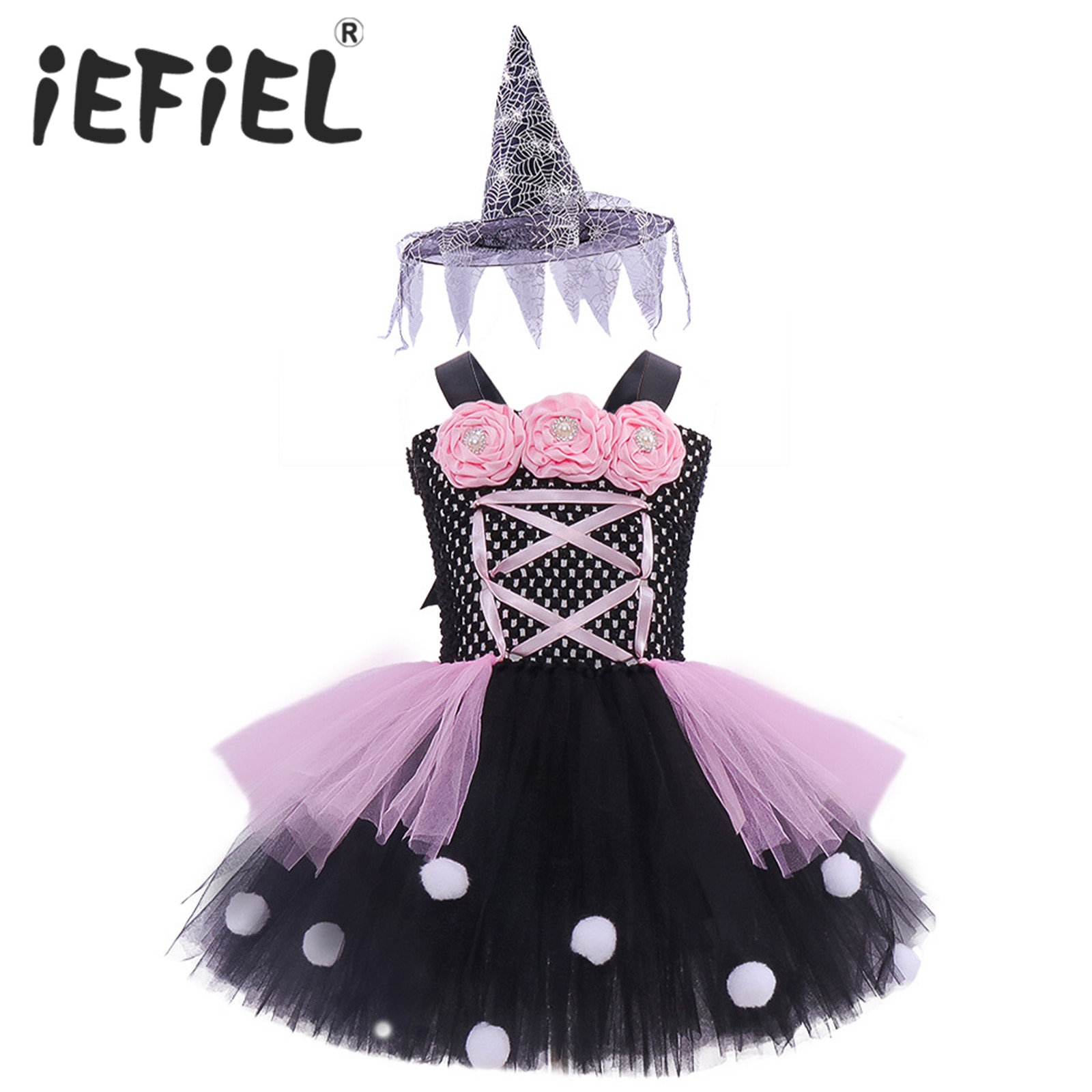 Kids Girls Halloween Witch Costume Carnival Party Cosplay Dress with Pointed Hat for Themed Party Roleplay Dress Up Clothes