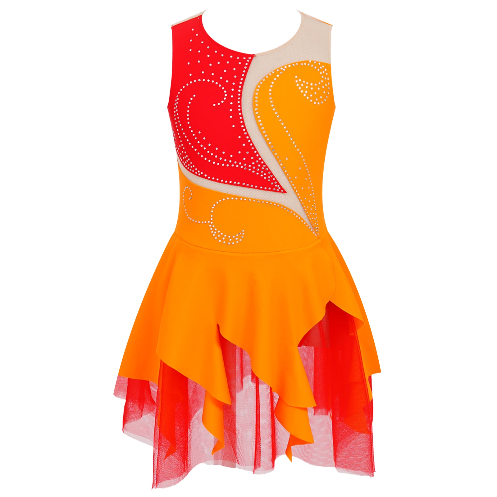 Kid Girl Figure Skating Dress Rhinestone Hollow Back Splice Sleeveless Ballet Dance Dress Gymnastics Leotard Performance Costume