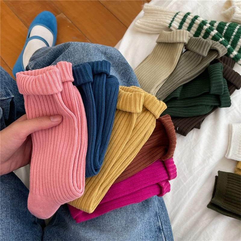 Women's Socks Long Fashion Cotton Breathable Autumn Winter Solid Color Sports Socks Girls Casual Simple Retro Plain Comfort