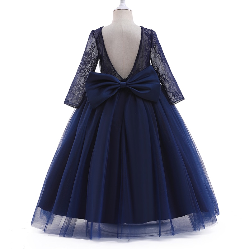 Autumn Long Sleeve Lace Flower Bow Dress for Girl Big Girl Dark Blue Halloween Long Robe 5-14 Yrs Children Evening Party Dresses