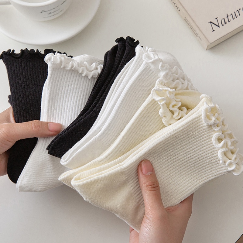 Ruffle Socks for Women 5pair /Lot Mid Crew Middle Tube Ankle High Breathable Black White Woman Calcetines Female Spring Autumn