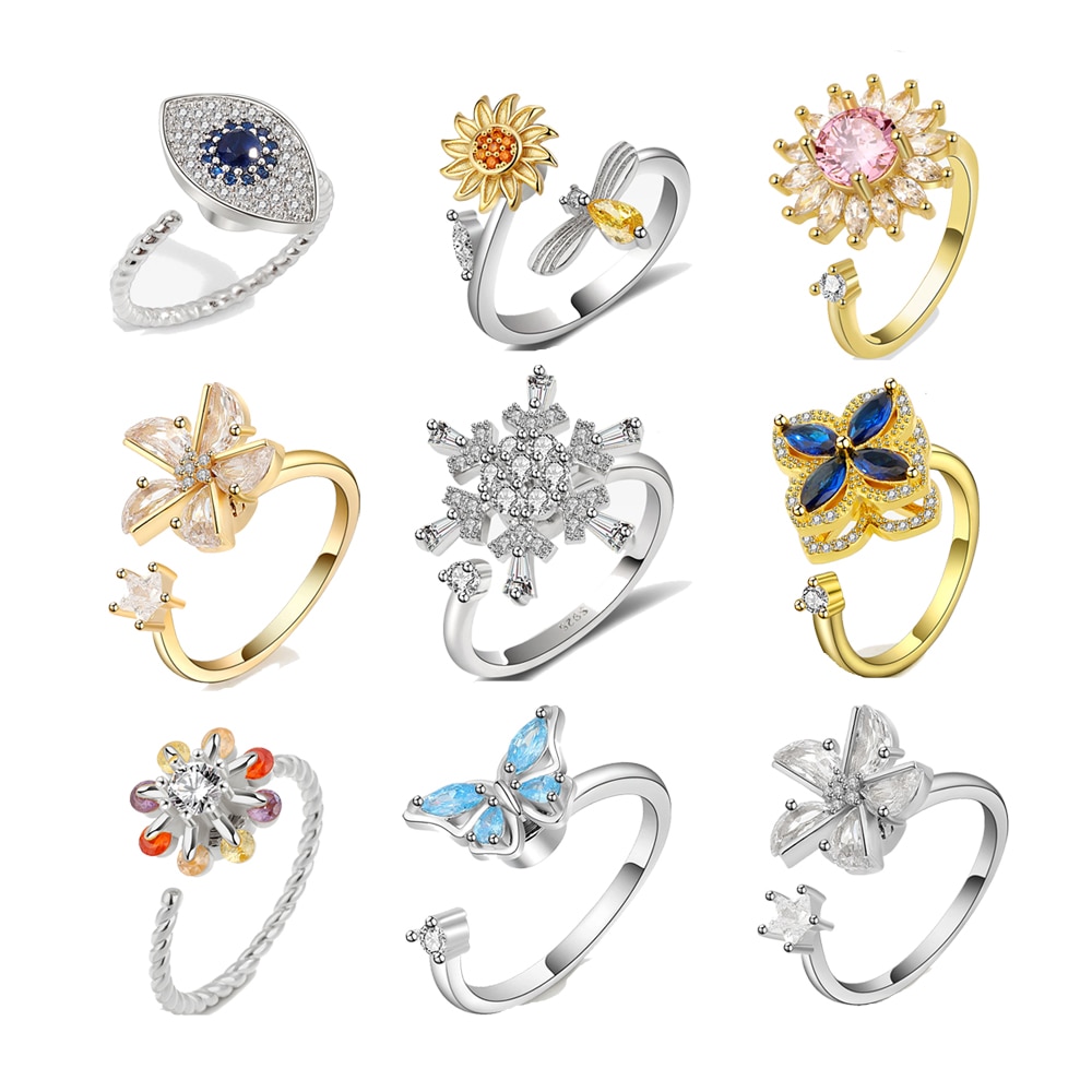 Anti Stress Anxiety Silver Diamond Rings 925 Women Men Spinner Fidget Rings Vintage Gold Couple Anillos Jewelry Free Shipping