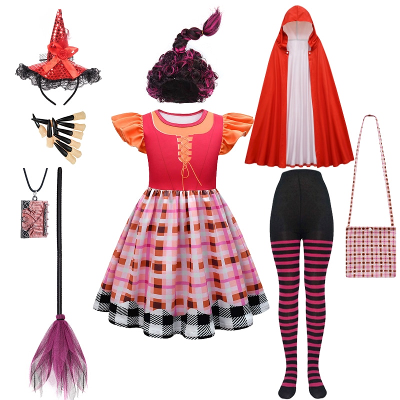 NEW 3-12 Years Children Halloween Cosplay Girl Hocus Pocus 2 Costume Sanderson Sisters Casual Plaid Print Mary Party Witch Dress