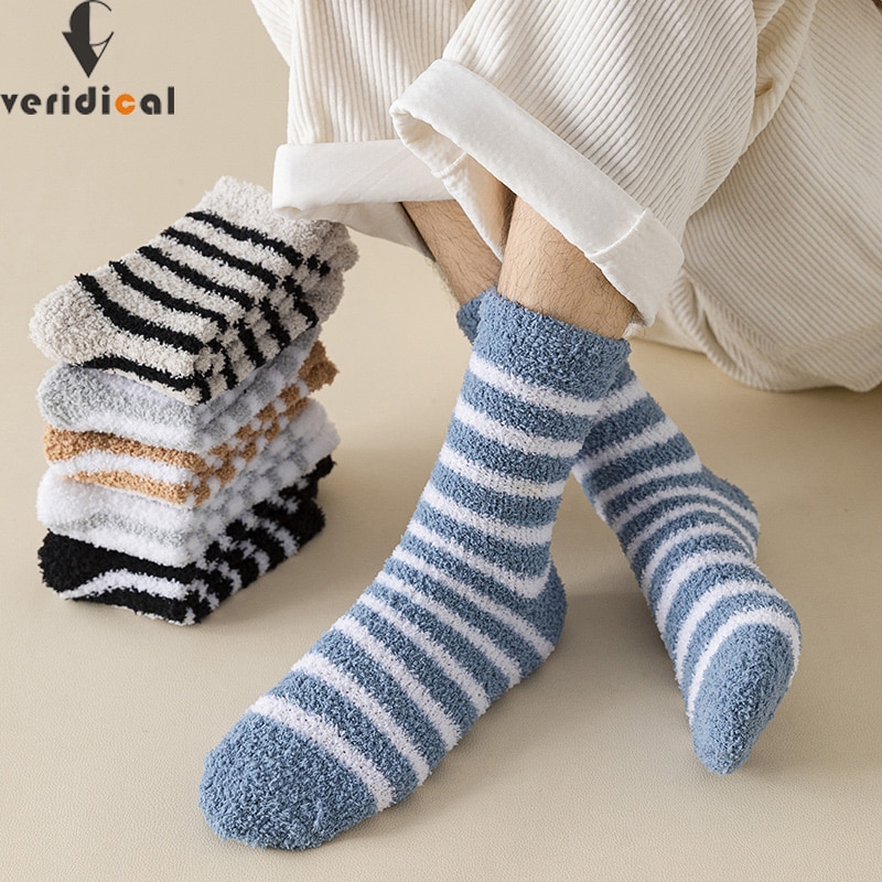 5 Pairs Thick Mens Thermal Socks Winter Warm Striped Coral Fleece Fluffy Solid Color Sleep Male Bed Socks Calcetines Hot Sell