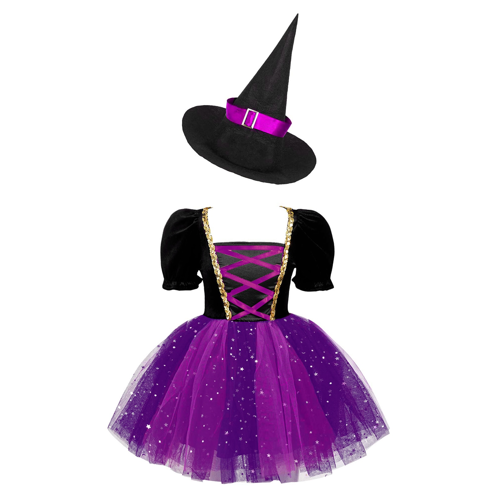Girls Witch Cosplay Dress Kids Short Sleeve Glitter Mesh Tutu with Pointed Hat Halloween Theme Party Sorceress Roleplay Costume