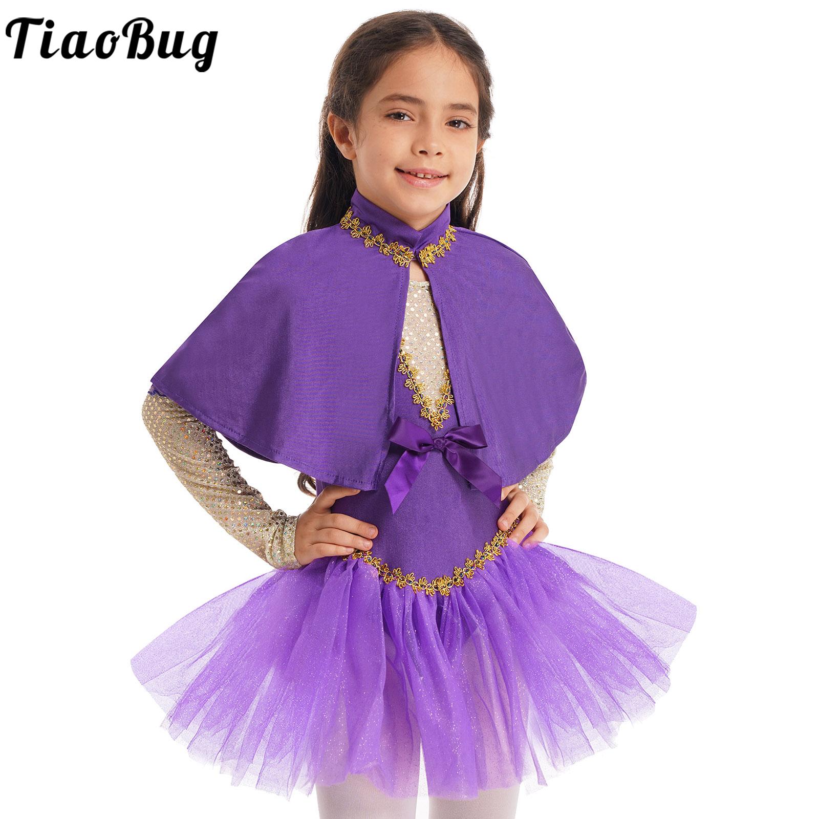 Kid Girls Halloween Showman Costume Outfit Sleeveless Sequined Bowknot Glitters Mesh Leotard Princess Role Play Dress with Cape