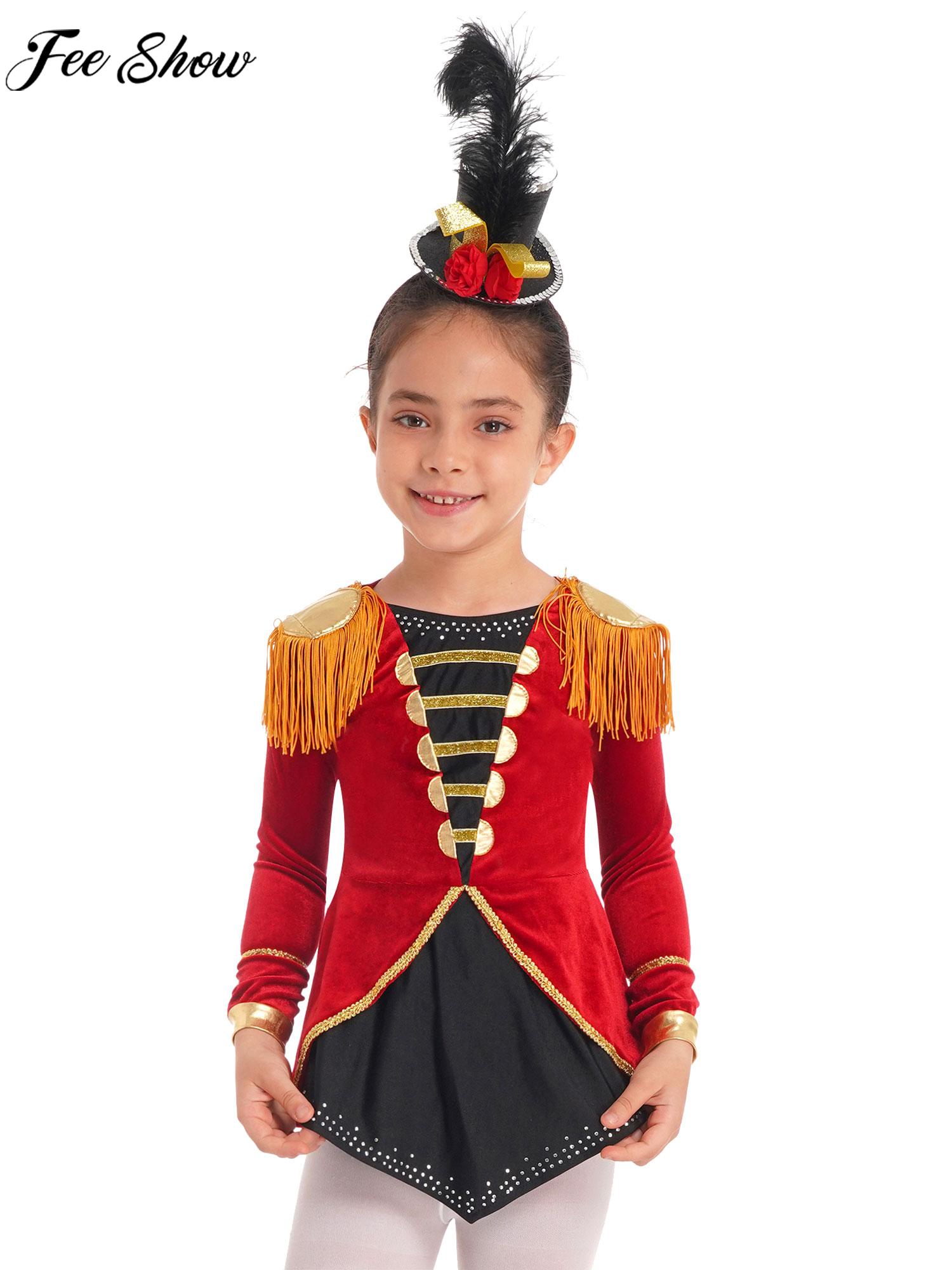 Girls Halloween Circus Cosplay Dress Long Sleeve Sequin Leotard Tutu with Headband for Theme Party Carnival Dance Performance