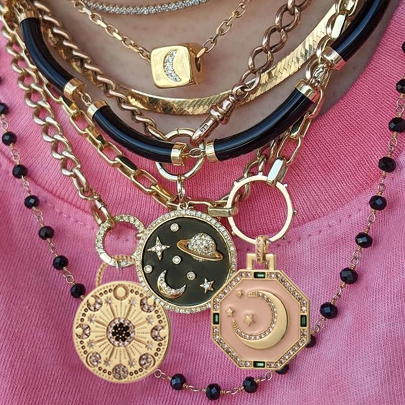 Star Moon Charms Enamel Bohemia Necklace for Women Jewelry Diy Pendant Necklace inlaid zircon Charms for Jewelry Making Copper