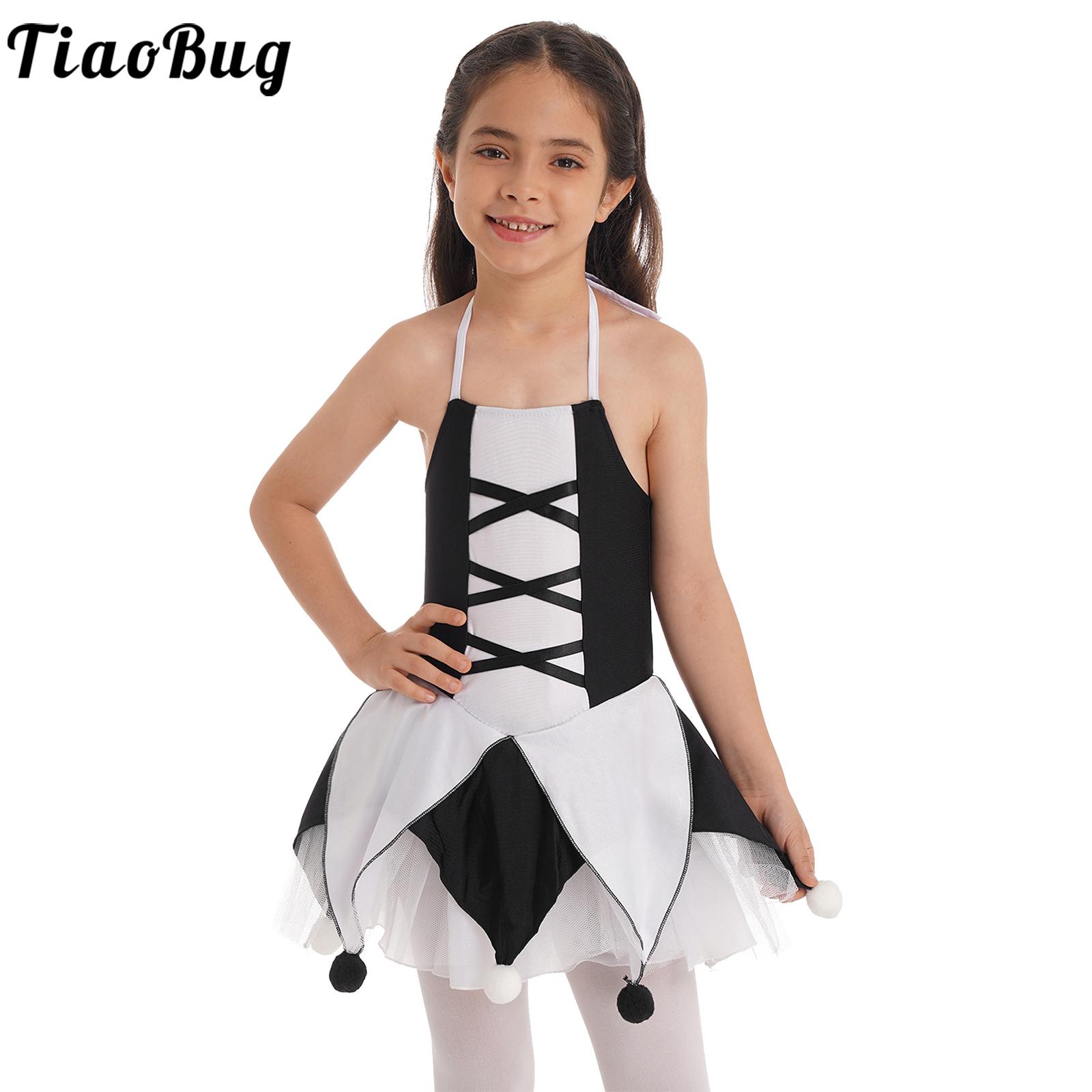 Clown Cosplay Mesh Tutu Dress Kids Girls Halloween Fancy Dress Up Princess Leotard Dress White&Black Pompoms Adorned Costume