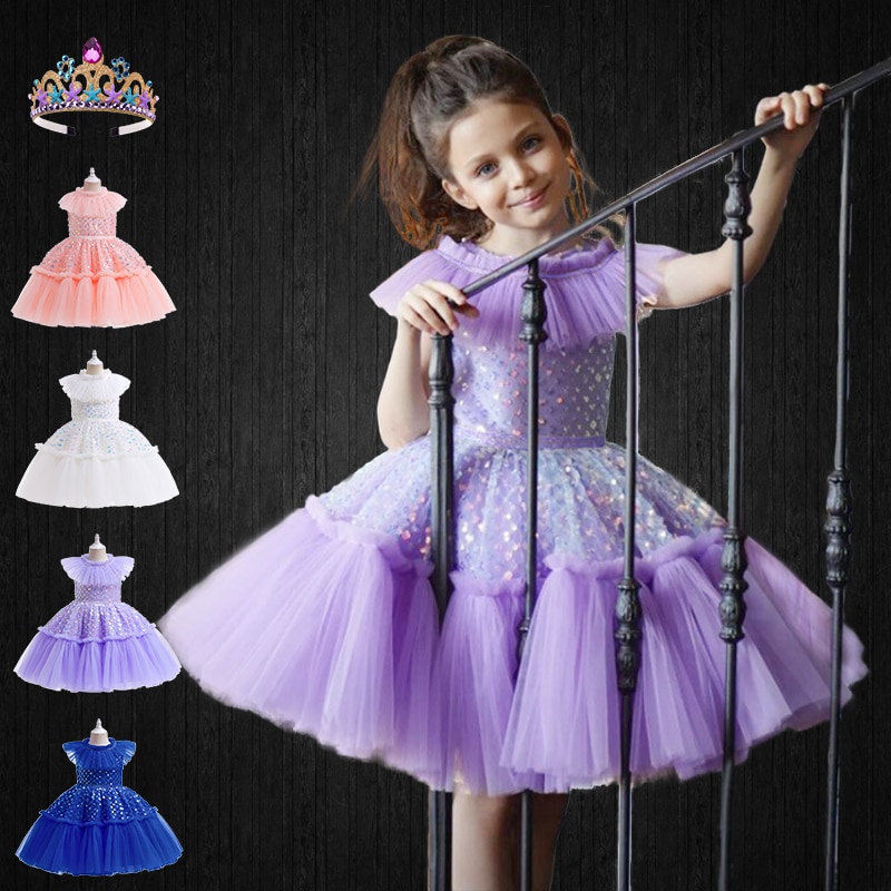 New Christmas Elegant Girls Sequin Princess Dress + Tulle Cape Baby Christening Wedding Ceremony Birthday Party Occasion Dresses