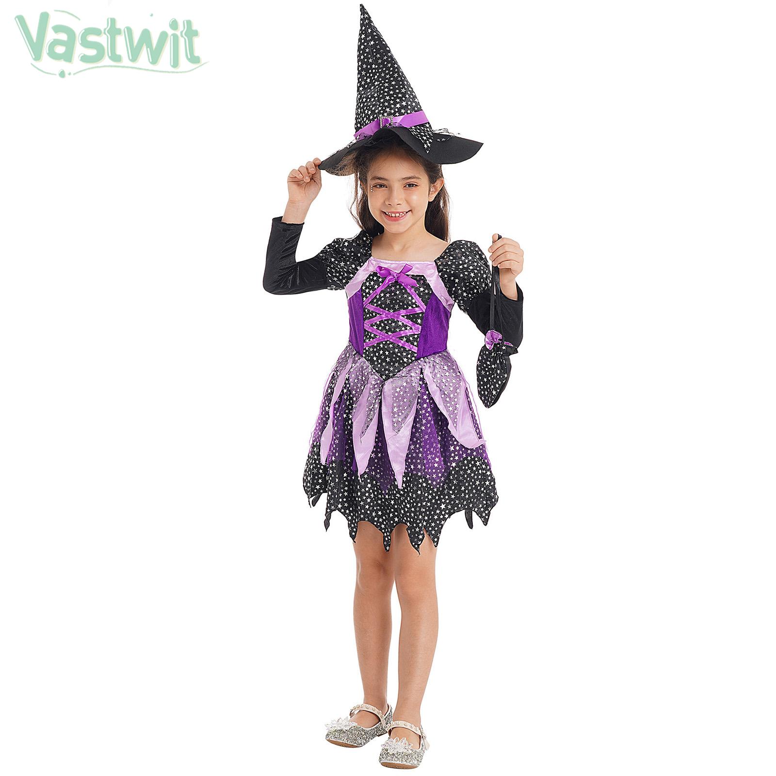 4-16Yrs Girls Halloween Witch Sorceress Cosplay Dress with Pointed Hat And Candy Bag Masquerade Carnival Theme Party Outfits