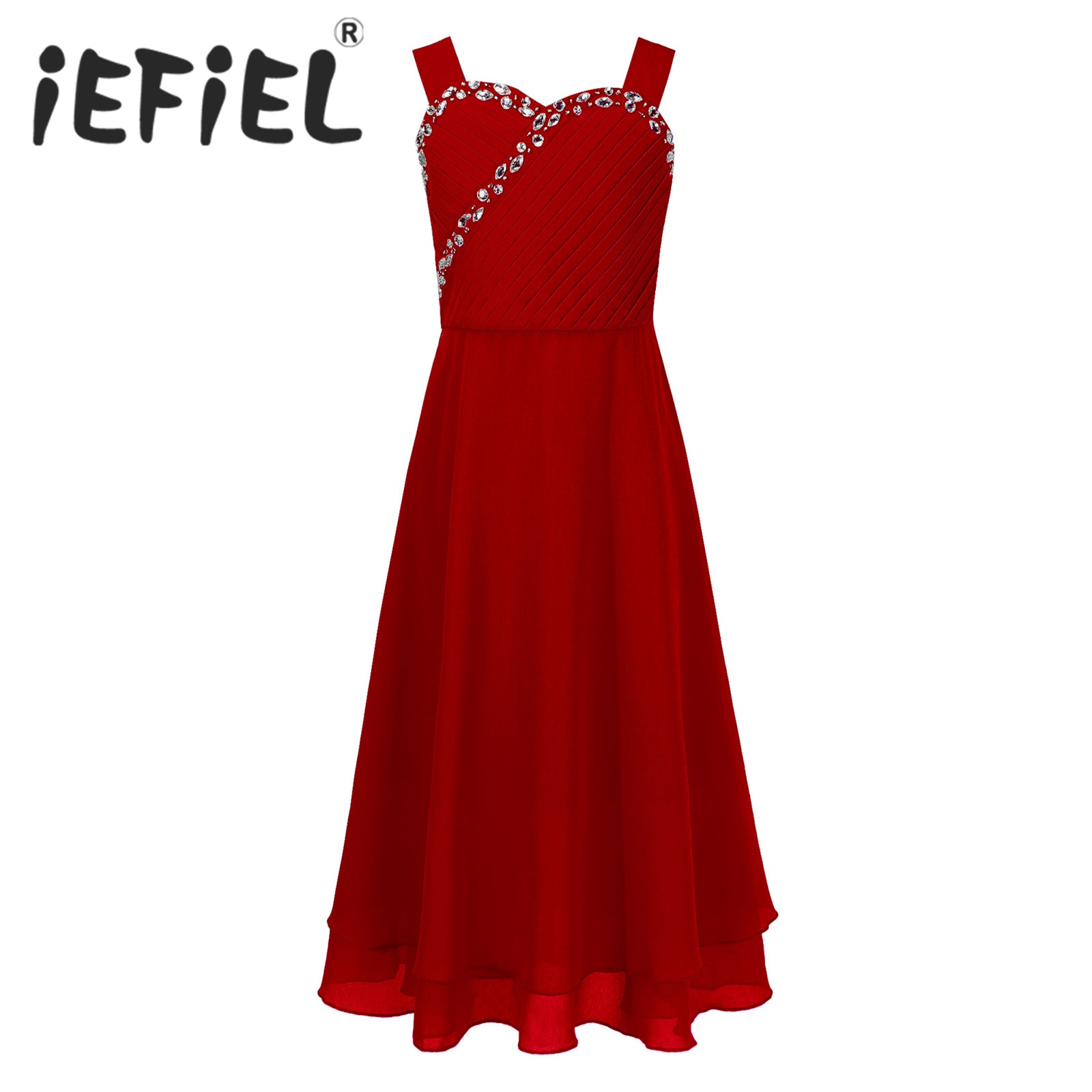 Kids Girls Summer Chiffon Dress Shiny Rhinestones Birthday Party Dress Sweetheart Pleated Dress for Wedding Bridesmaid Evening