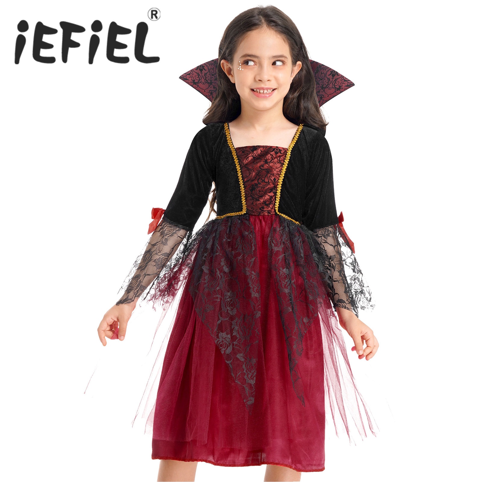 Kids Girls Halloween Vampire Costume Carnival Cosplay Roleplay Velvet Tulle Dress Long Sleeve Themed Party Dress Up Clothes