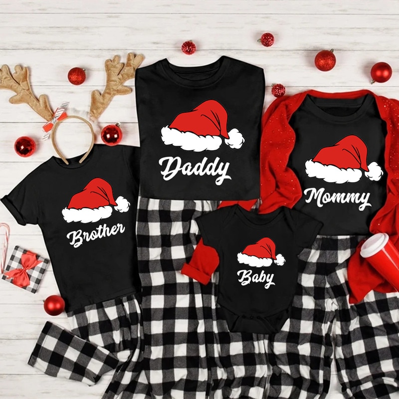 New Santa Hat Family Matching Christmas Outfits Cotton Daddy Mommy Brother Sister Baby Xmas Shirt Family Look New Year's Cl