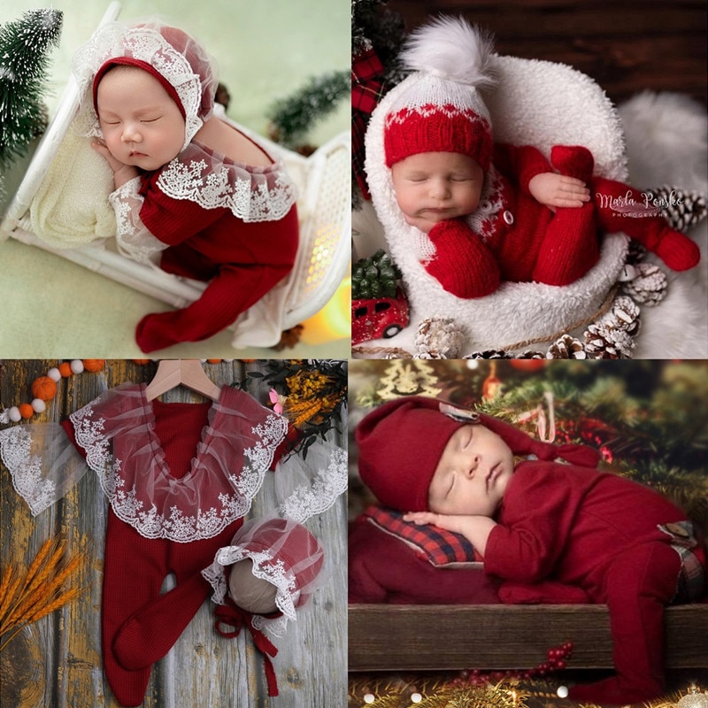 Newborn Photography Outfit Christmas Knitted Hat Baby Romper Jumpsuit Photography Studio Shoots Accessories