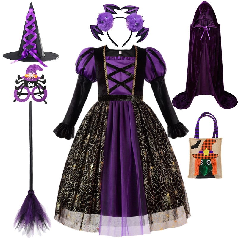 Halloween Long Sleeve Purple Witch Dress for Girls Princess Bronzing Spider Web Print Vampire Masquerade Party Children Costume