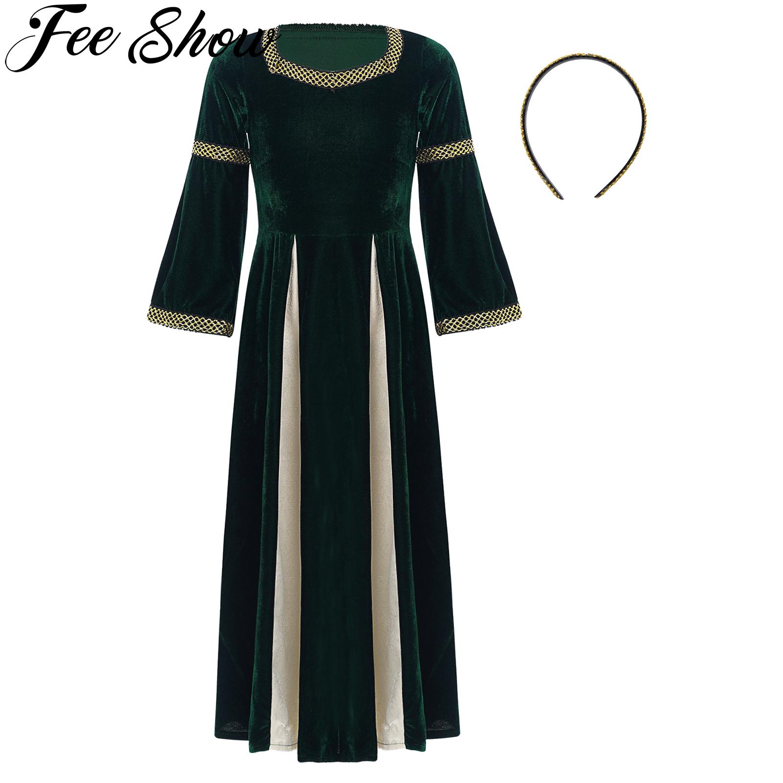 Girls Medieval Renaissance Opera Dress Up Costume Kid Medieval Irish Maiden Gothic Retro Flare Sleeve Velvet Dress with Headwear