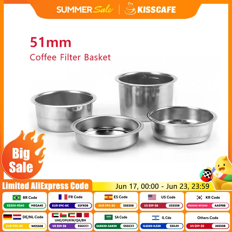 51MM Coffee Filter Basket Non Pressurized Replacement For Delonghi EC9335 EC9665 Espresso Machine