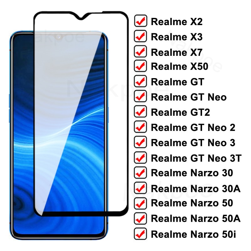 9D Protective Glass For Realme X X2 X3 X7 X50 Pro Tempered Screen Protector GT2 GT Neo 2 3 3T Narzo 30 30A 50 50A 50i Glass Film